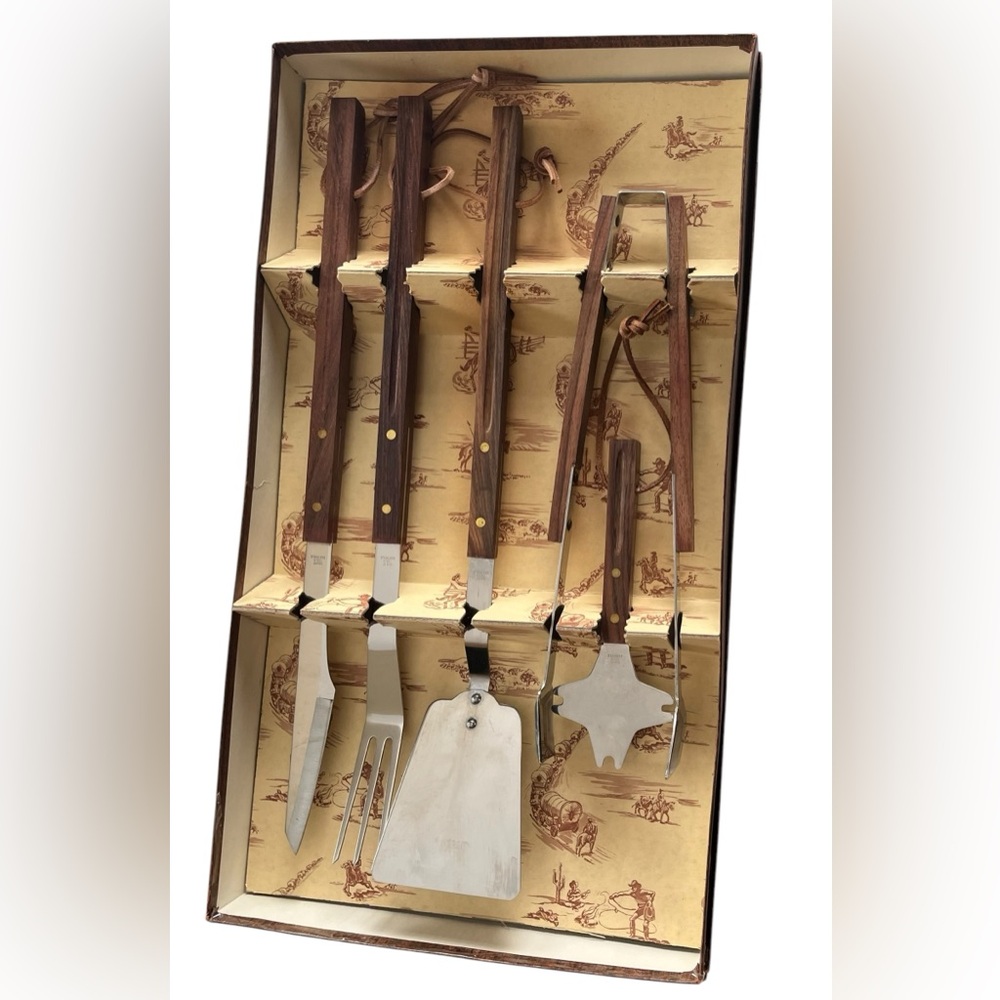 Vintage Cowboy Western Chuck Wagon MCM Teak BBQ Tools Utensil Set American